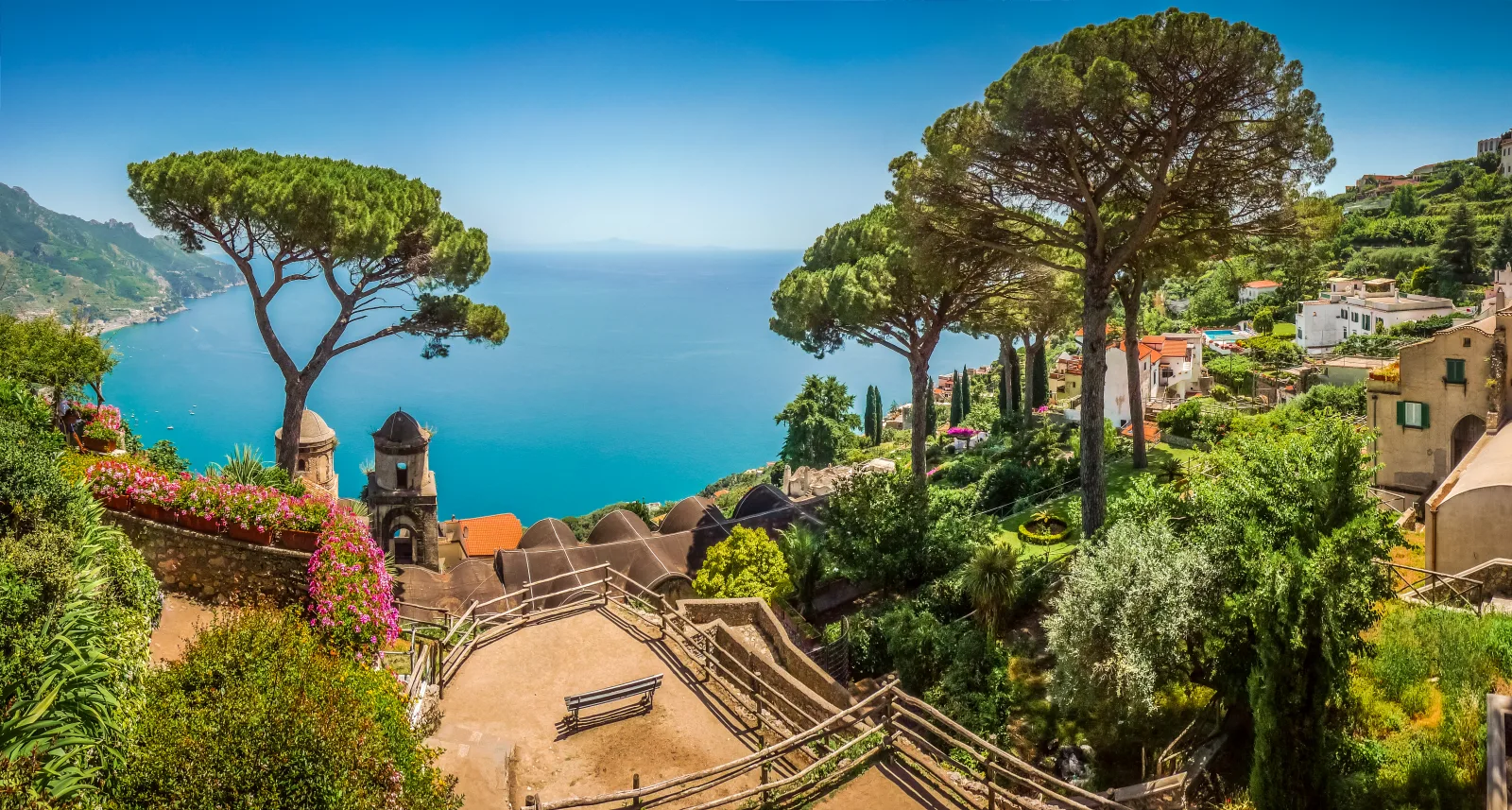 Umbrella pines and terraced gardens above the sea at Villa Rufolo, Ravello